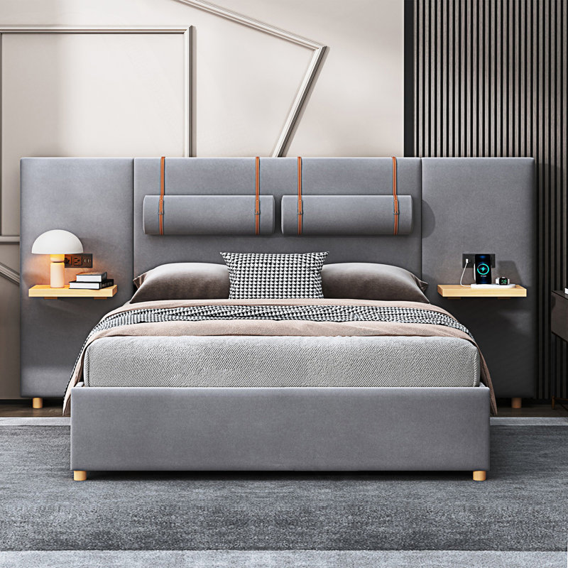 Grand lit plateforme tapissier avec deux prises et ports de charge USB des deux côtés, gris