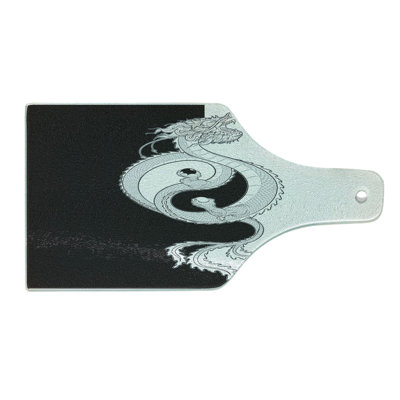 Ambesonne Kung Fu Tempered Glass Cutting Board Dragon with Yin Yang Grey White