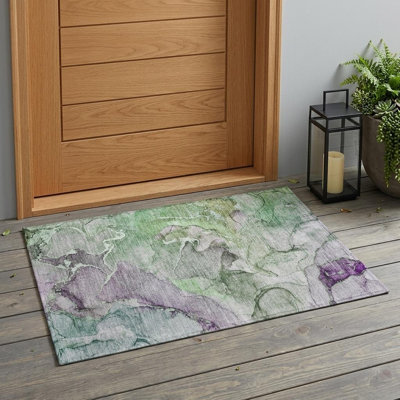 Tapis d'extérieur lavable abstrait vert et mauve 2 pi x 3 pi