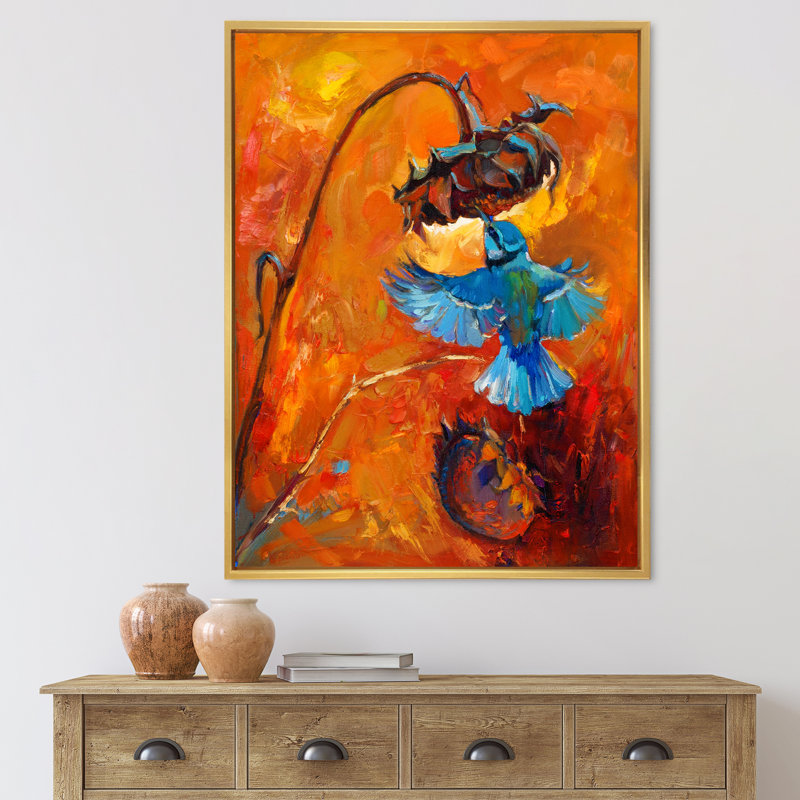 Colibri bleu sur fond orange - peinture sur toile, Cadre flottant doré, H 32 po x l 16 po x P 1 po