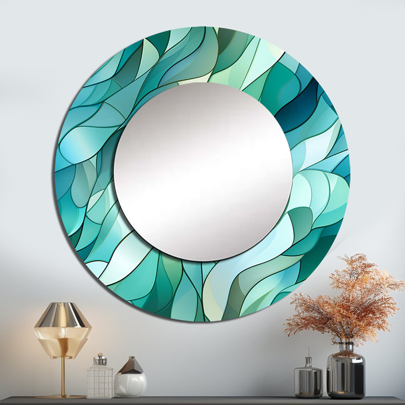 Motif de bord de mer mosaïque émeraude - miroir mural abstrait, miroir décoratif moderne, impression d'art en métal, Rond