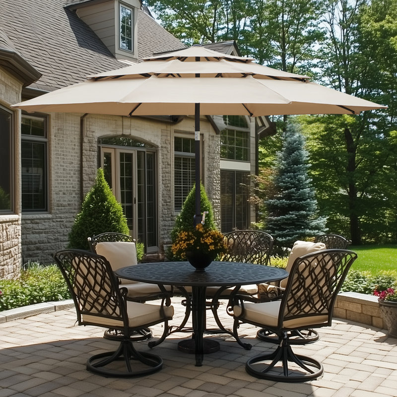 Glowacki 10ft 3-Tier Vented  Adjustable Height Market Umbrella With Crank Lift, Tan