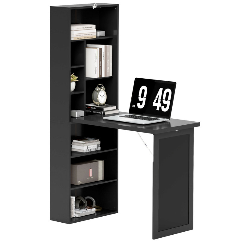 Fold-out Convertible Writing Table, Wall Mount Desk Cabinet with Blackboard and Side Shelf Multi-Function Home Office Workstation, Black,wood