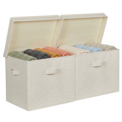 Fabric Storage Bins with Lid 2 Pack, Large Beige Cotton Linen Closet Organizers with Handles, Stackable Shelf Baskets