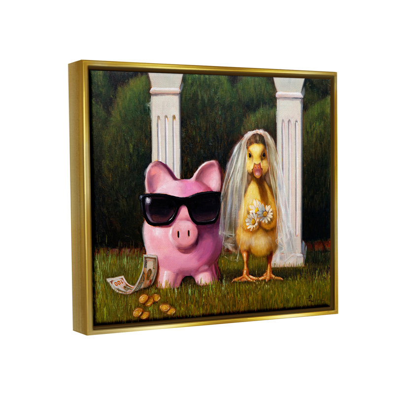 Drôle de mariage cochon et canard, impression sur bois, Cadre flottant métallique doré, 17" H x 21" W x 1.7" D