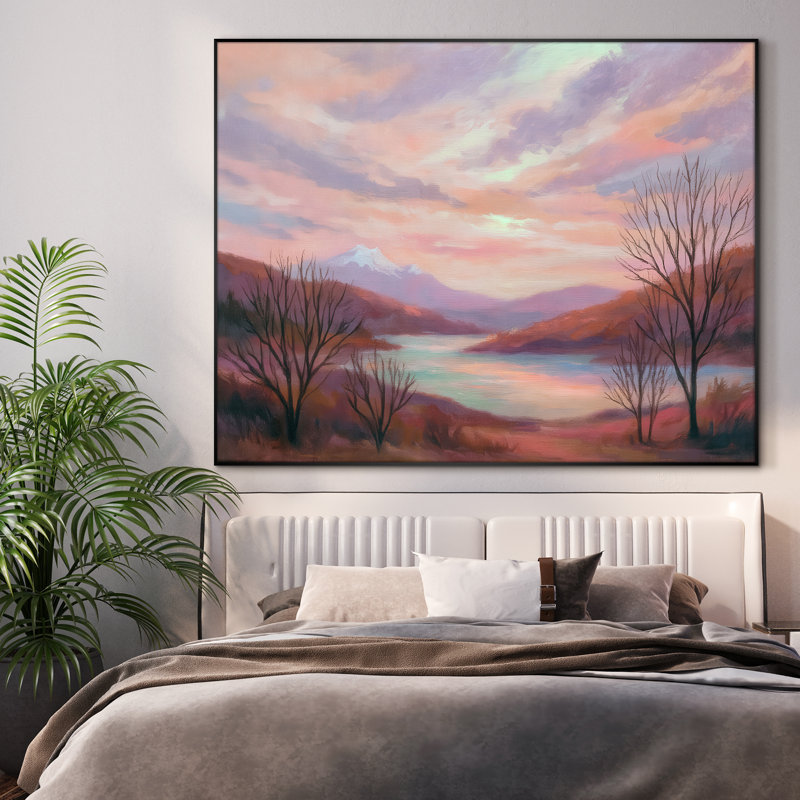 Très grande reproduction d'art sur toile - Vallée de montagne rose avec lac Serene, œuvre d'art pour le salon ou la chambre à coucher - «Assemblage requis du cadre (cadre non fini)»