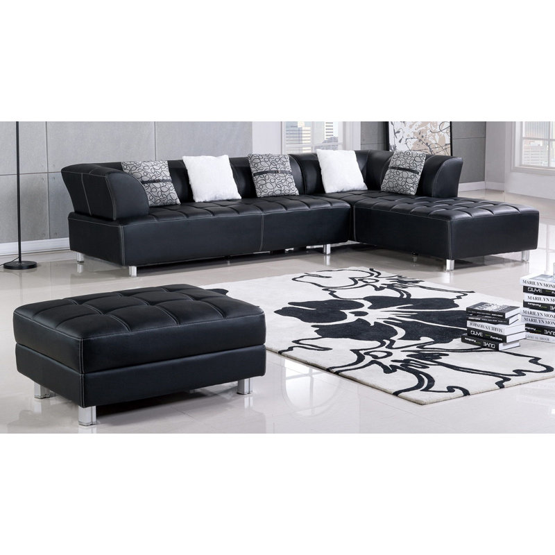 Henriquez Faux Leather L-Shaped Sectional, Right Hand Facing, Black Faux Leather