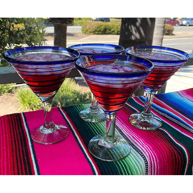Mako Mexican Hand Blown 12 oz. Blue Spiral Martini Glasses