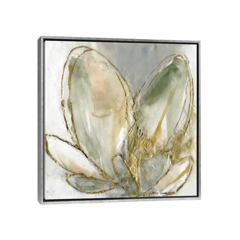 " Blooming Gold I " by Jennifer Goldberger, 26" H x 26" W x 1.5" D, Silver Framed Canvas
