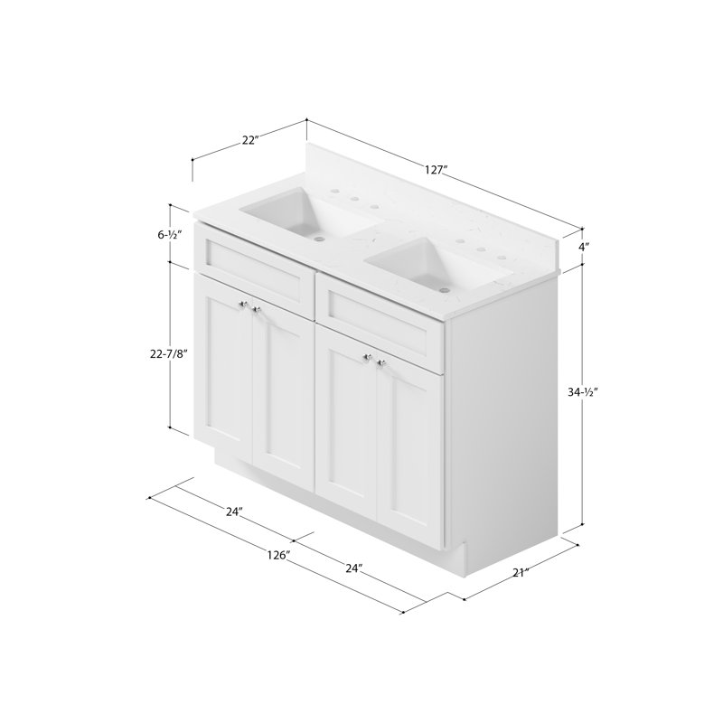 Shaker de meuble-lavabo double 48 po avec éclaboussures de dessus et de dos en quartz de Carrare Disar, Blanc