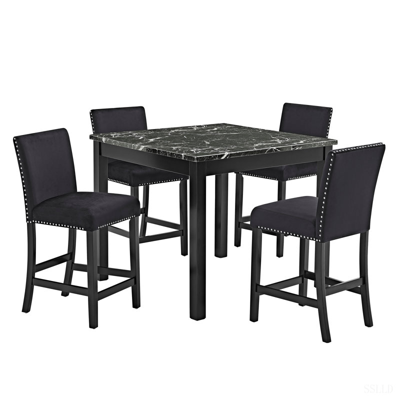 Ensemble de salle à manger 5 pièces à hauteur de comptoir, table carrée en faux marbre et chaises rembourrées