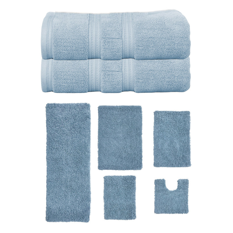 Bruno Collection 100% Soft Cotton 2 Pc Bath Towel Set & 5 Pc Bath Rug Set, (Set of 7), Blue