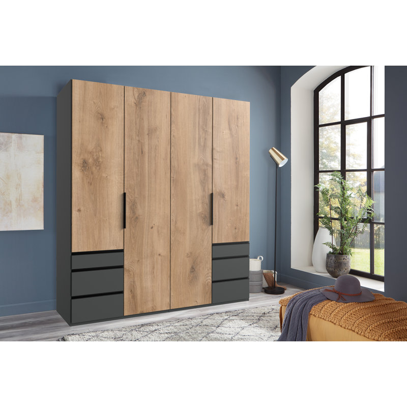 Guardino 4 Door Wardrobe, 236cm H x 200cm W x 58cm D, Plank Oak/Graphite