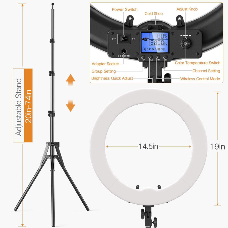 Anneau lumineux à DEL bicolore de 19 pouces avec télécommande sans fil, support pour iPad et support - Luminosité réglable 55 W 3000 K-5800 K, IRC supérieur ou égal à 97 pour la diffusion en direct, la prise de vue vidéo et l'autoportrait