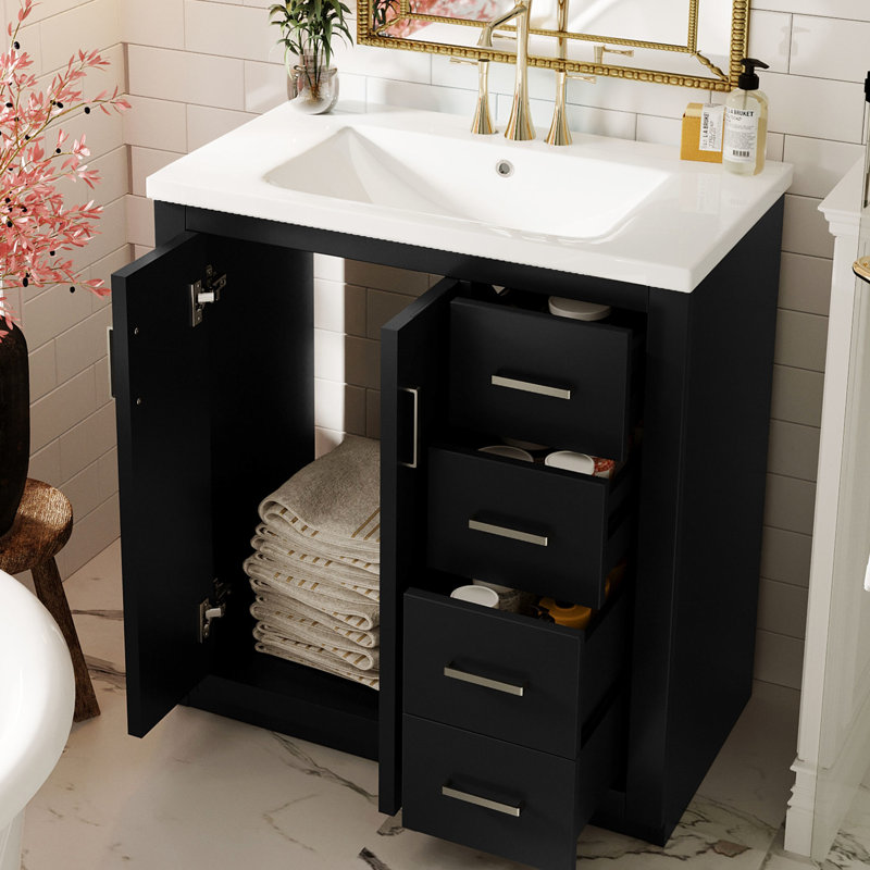Meuble-lavabo de 30 po avec cadre en bois massif, planches, glissière à tiroir lisse, style rétro, 3 tiroirs, facile à assembler, option de rangement dissimulé pour les articles de toilette essentiels