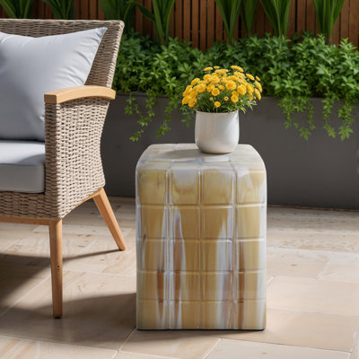 Square Glazed Ceramic Garden Stool for Home Decor - Decorative Outdoor Accent Stool with Grid Design for Living Room Use - 19", Beige & White