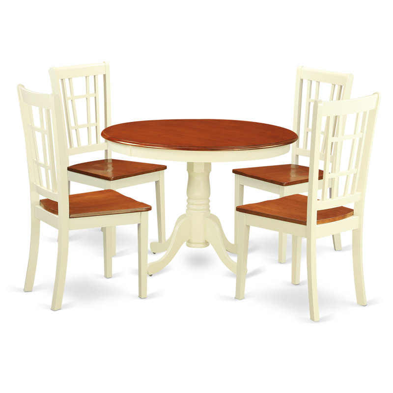 5 Piece Dining Room Furniture Set Includes a Round Dining Table with Pedestal and 4 Wood Seat Chairs, Buttermilk & Cherry