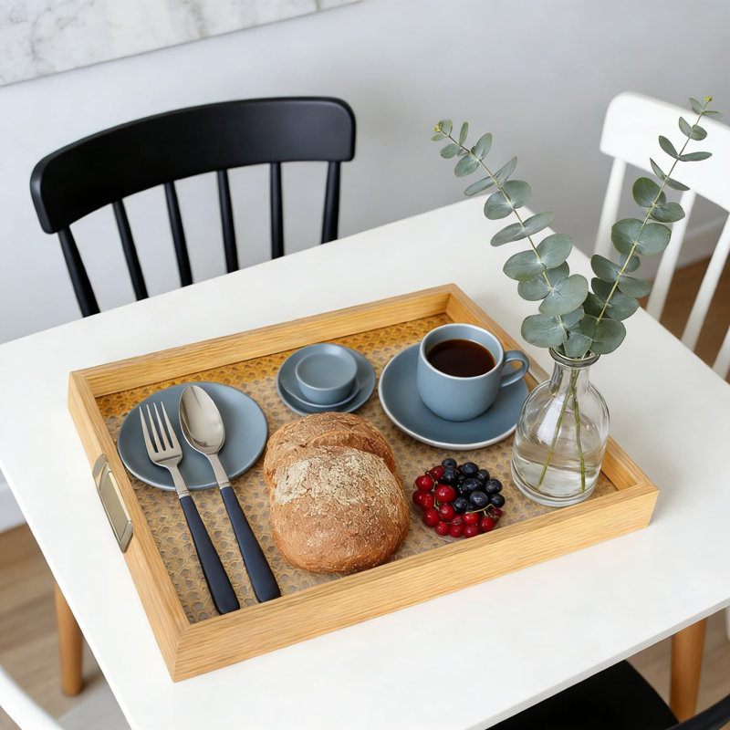 Rattan And Wood Serving Tray Set With Metal Handles, Decorative Food And Beverage Tray For Coffee Table, Breakfast, Kitchen, And Party Serving