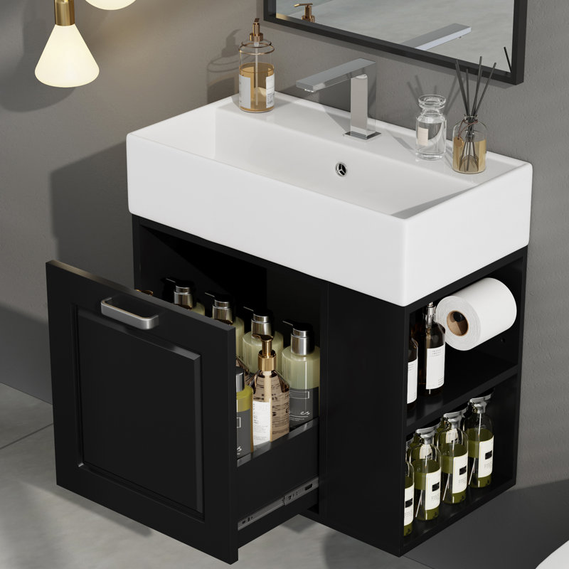 Meuble-lavabo mural 22 po avec plateau en céramique, Noir