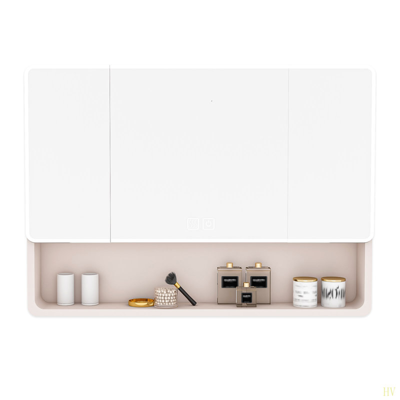 Aluminium Medicine Cabinet Mirror, 35 X 28 Inches Medicine Cabinet With 3 Colors LED Light And Defogging Function, Bathroom Mirror Cabinet With Cosmetic Storage Rack And Hair Dryer Holder
