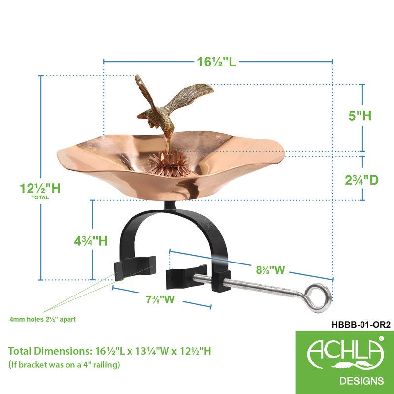 Copper Hummingbird Birdbath with Over Railing Bracket
