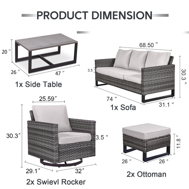 Ensemble de conversation d'extérieur en osier 7 pièces: canapé, 2 chaises pivotantes, 2 repose-pieds et table d'appoint, Gris