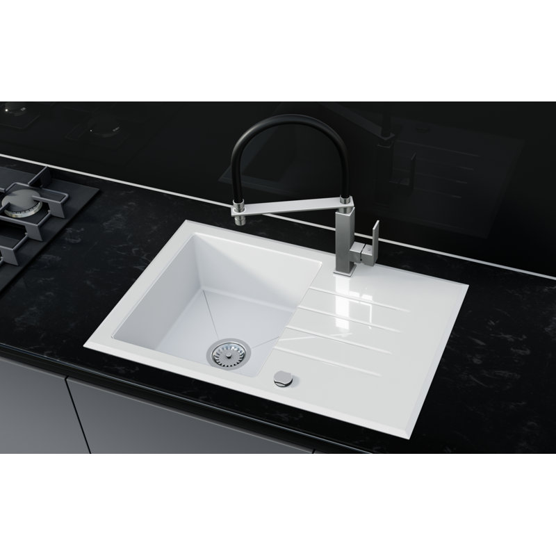 Belfry Kitchen Nicholson 490mm W Single Bowl Granite Composite Kitchen Sink with 2 Faucet Holes, White