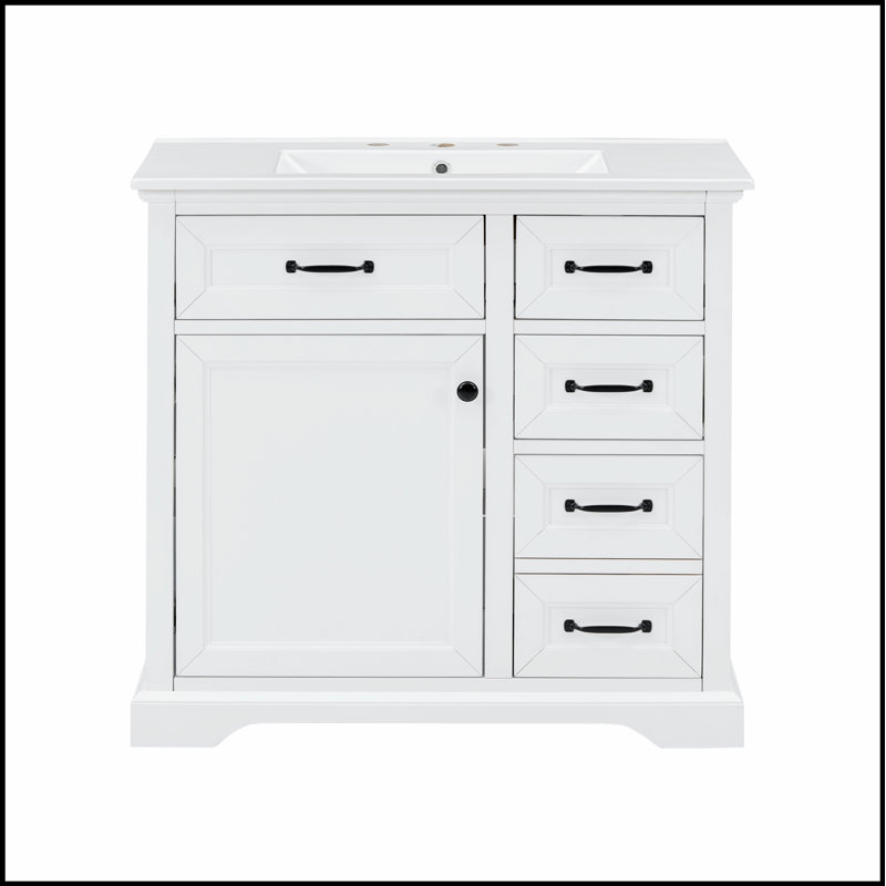 Meuble-lavabo 36 po avec lavabo en céramique, 2 tiroirs basculants, finition charnières à fermeture en douceur, Blanc
