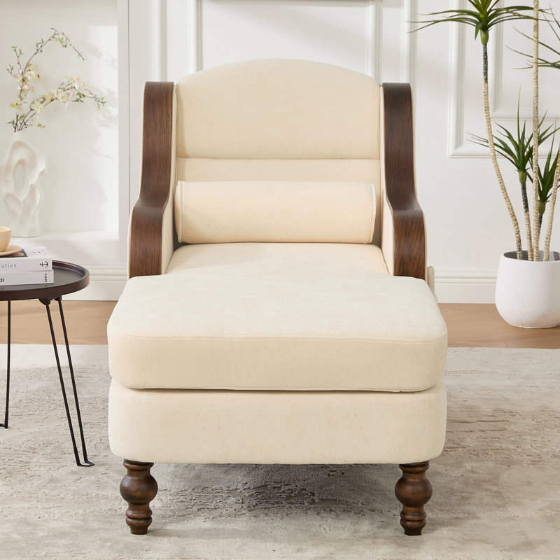 Chaise longue rembourrée en chenille de 27,2 po de largeur avec coussin lombaire et accoudoirs, Beige