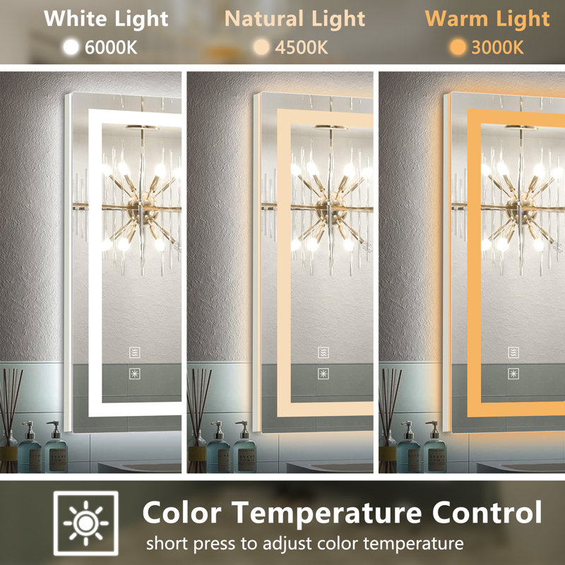 Latarah Rectangle LED Wall Mirror, Dimmable Vanity Light Mirror, Front light & Backlit, Anti Fog, 28" x 20"