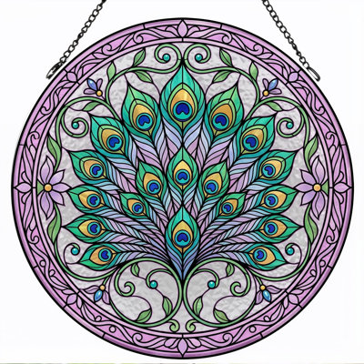 Peacock Feathers Stained Glass Window Panel，12"H