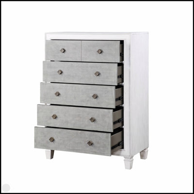 Commode Katia gris rustique et blanc vieilli avec tiroirs à pleine extension et tiroir supérieur doublé de feutre pour un rangement élégant