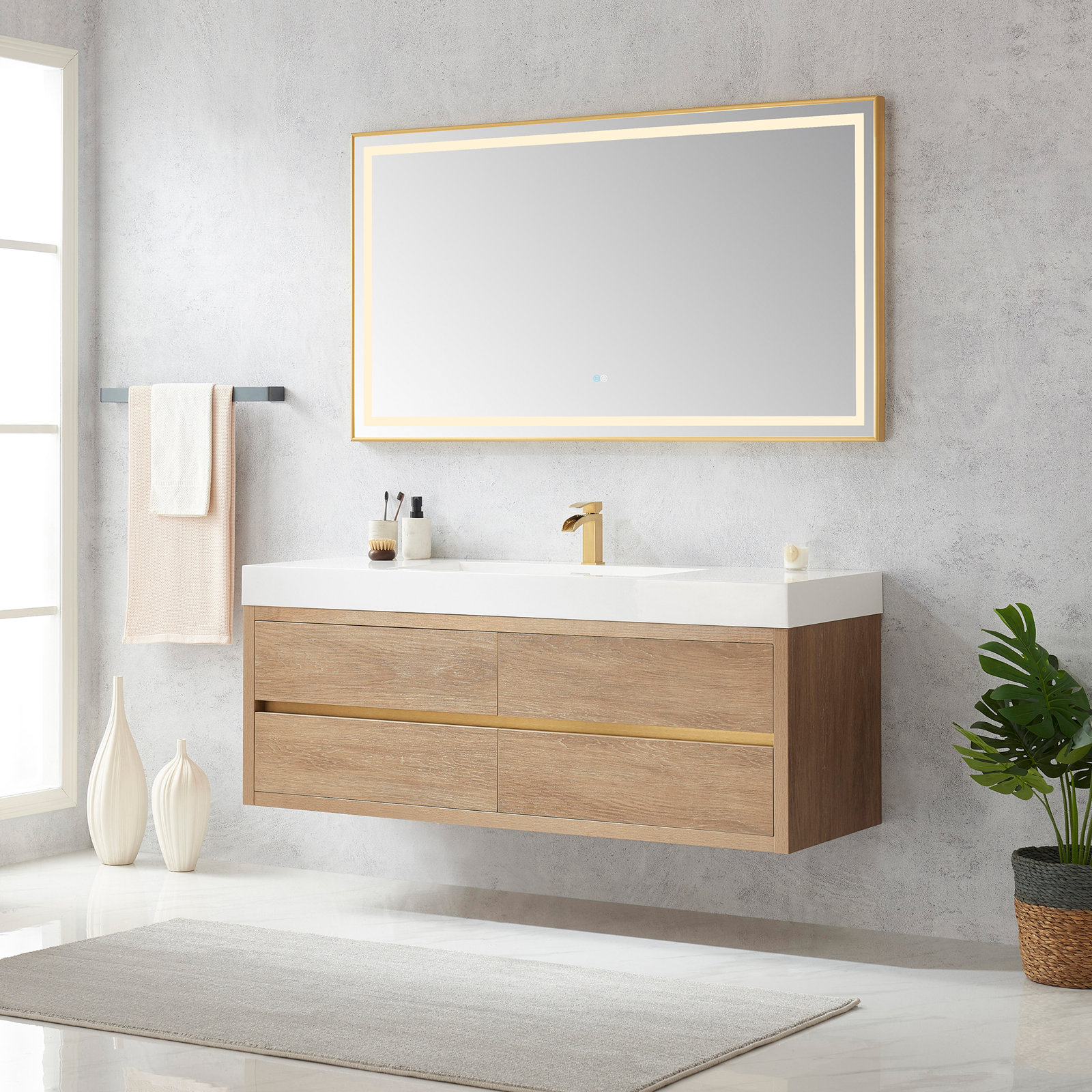 Vali 59.8'' Single Bathroom Vanity, North American Oak Finish, White