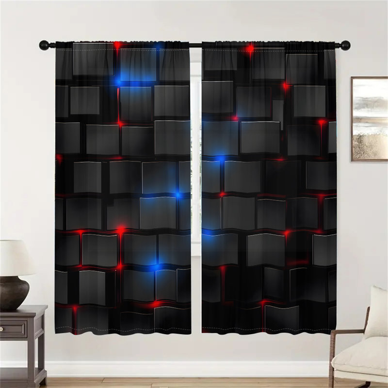 2Pcs Black Curtains with Red Blue Cub Pattern  Window Treatment Rod Pocket Drapes for Living Room Bedroom Gaming Home Decor Modern Tech Style