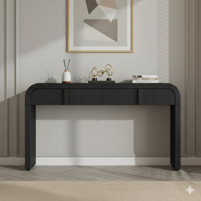 Contemporary Console Table With Two Storage Drawers, A Fluted Body, And A Rounded Silhouette. Designed For Hallways, Living Rooms, And Entryways. Color: Black.