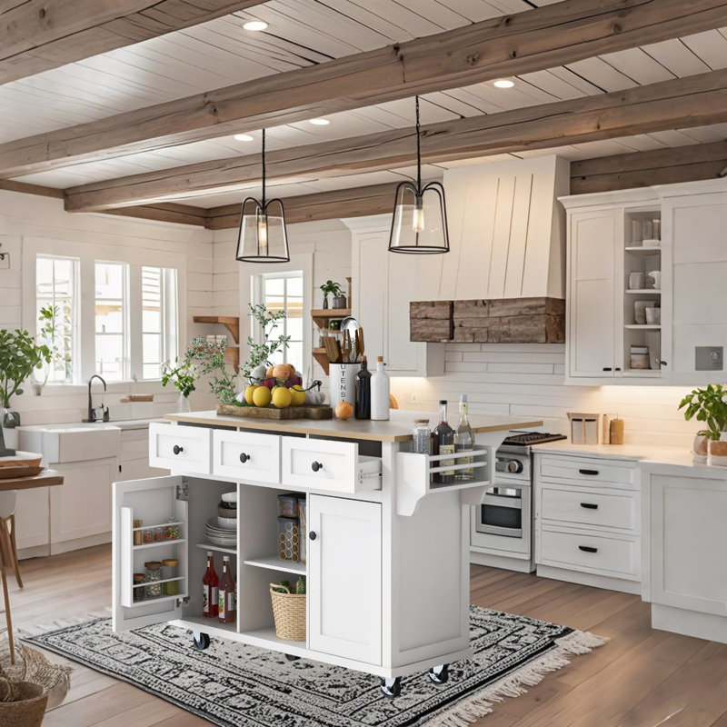 Rolling Kitchen Island Cart with Drawer and Storage Cabinets, White