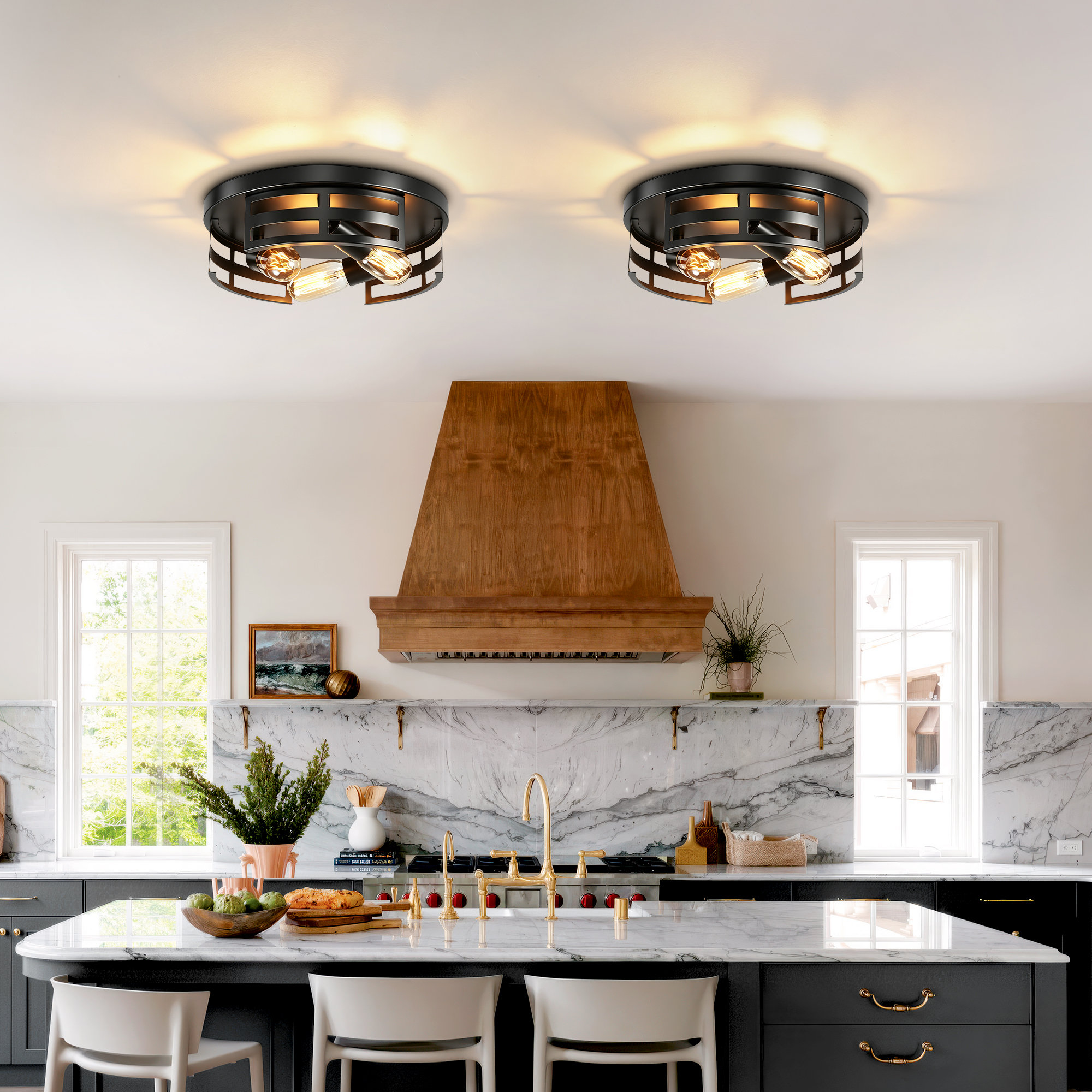 17 Stories Industrial Black 3-light Flush Mount Ceiling Light ...