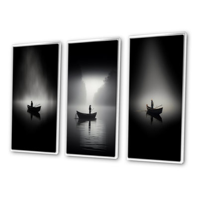 " Solitary Longboat Misty Lake Minimal " 3 - Pieces