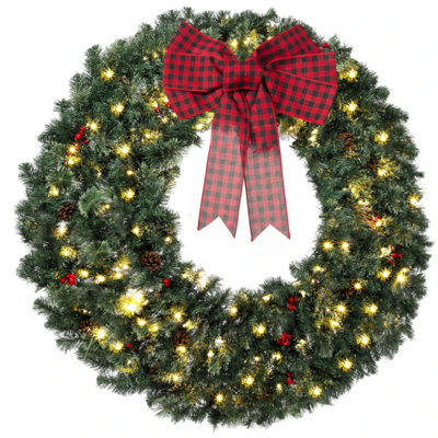 Couronne de Noël Crestwood Spruce pré-illuminée de 122 cm (48 po), 8 modes d'éclairage, avec nœud, pommes de pin et baies rouges