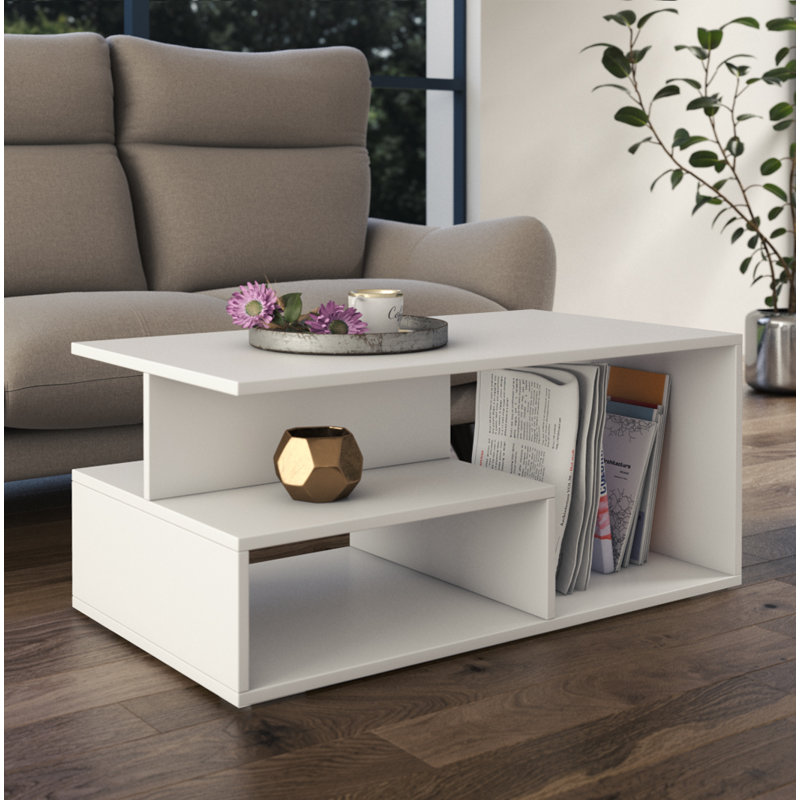 Cheston Floor Shelf Coffee Table with Storage, White