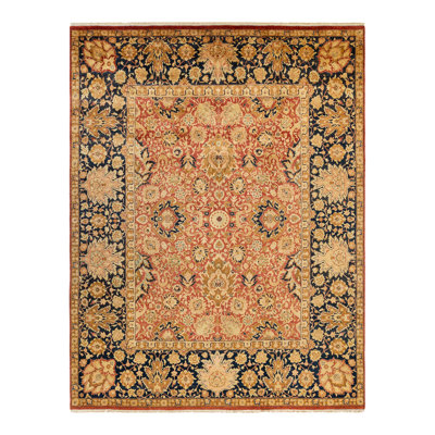 Tapis unique noué à la main Rhyannon - orange / bleu marine / jaune, 7 pi 10 po x 10 pi 4 po