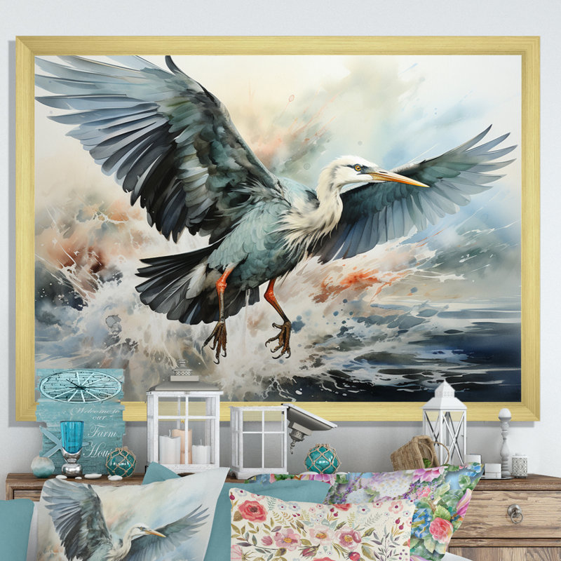 «Japon Art Cranes Flight II», reproductions d'art mural japonais, H 24 po x l 32 po x P 1 po, Cadre doré à une seule photo
