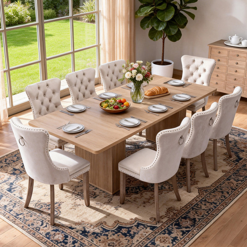 Ensemble table et chaises extensibles de 200 cm pour 8 personnes avec chaises capitonnées en velours, style champêtre, en bois brun, avec base de rangement