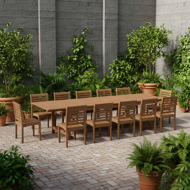 Ensemble de table de salle à manger extensible rectangulaire 13 pièces Whately | Finition teck | Idéal pour le patio, table brun clair