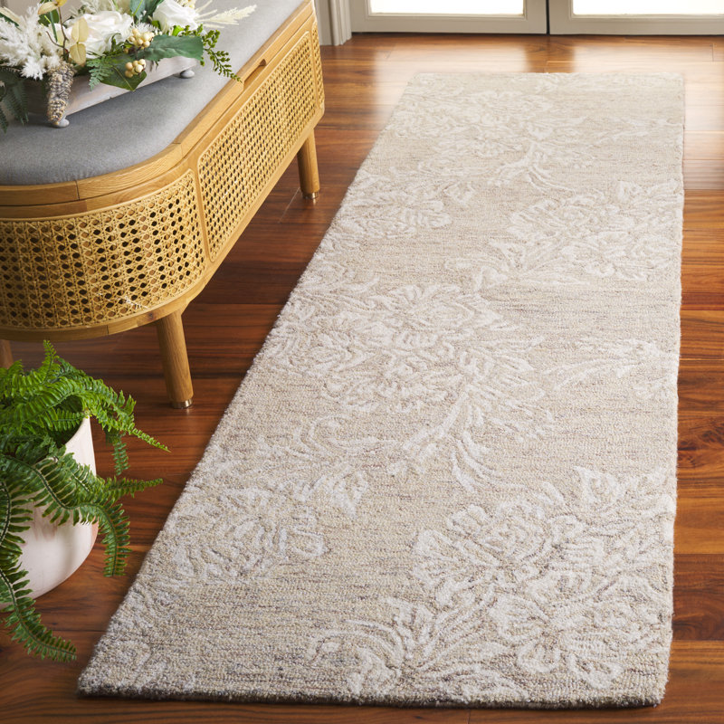 Tapis beige / ivoire en laine / polyester touffeté à la main Ratha, Tapis de couloir 2 pi 3 po x 8 pi