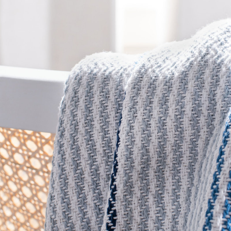 Blue and White Knitted Cotton Fringe Throw Blanket