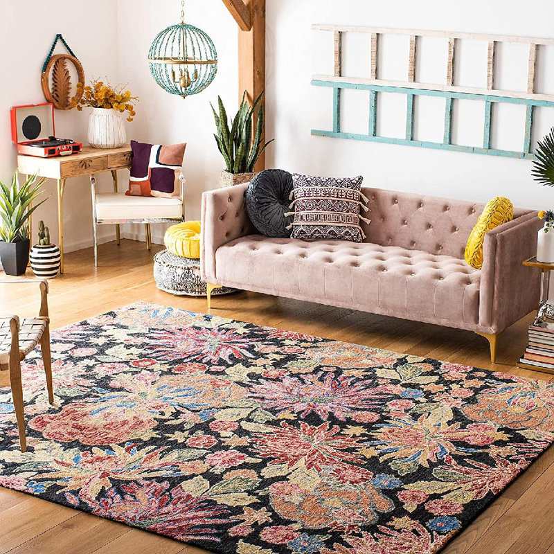 Delman Hand Tufted Wool/Cotton Floral Rug in Red/Charcoal, Square 6'
