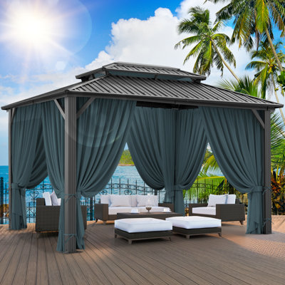 Pavillon de jardin 10 pi x 12 pi avec toit en aluminium en métal galvanisé et toit rigide avec filet et rideaux