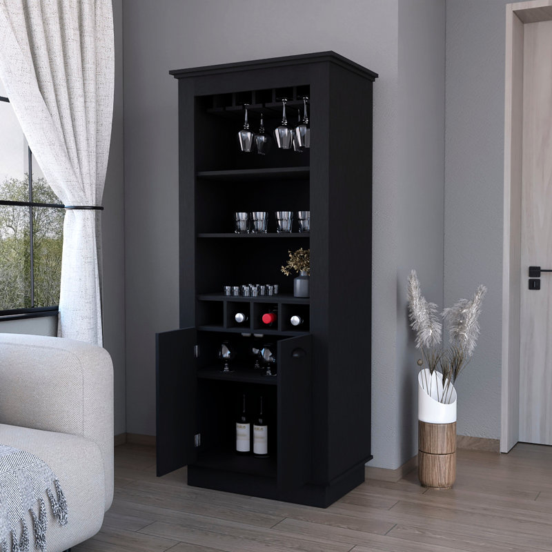 Armoire de bar moderne avec support à vin et armoires supplémentaires spacieuses pour recevoir des invités, Noir