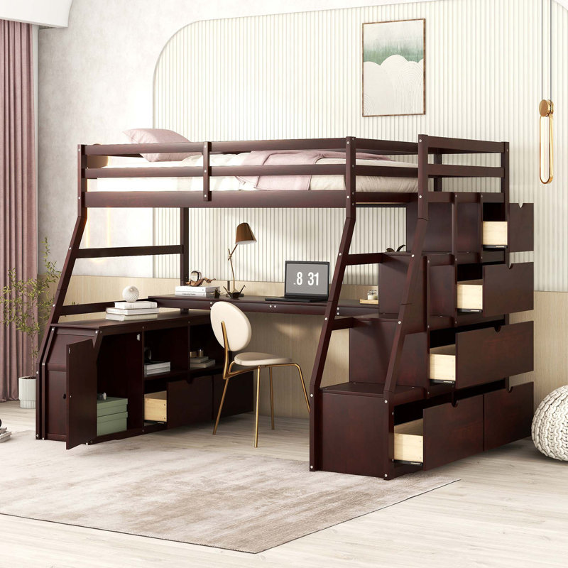 Lit mezzanine avec 7 tiroirs, 2 tablettes et un bureau, Simple, Espresso